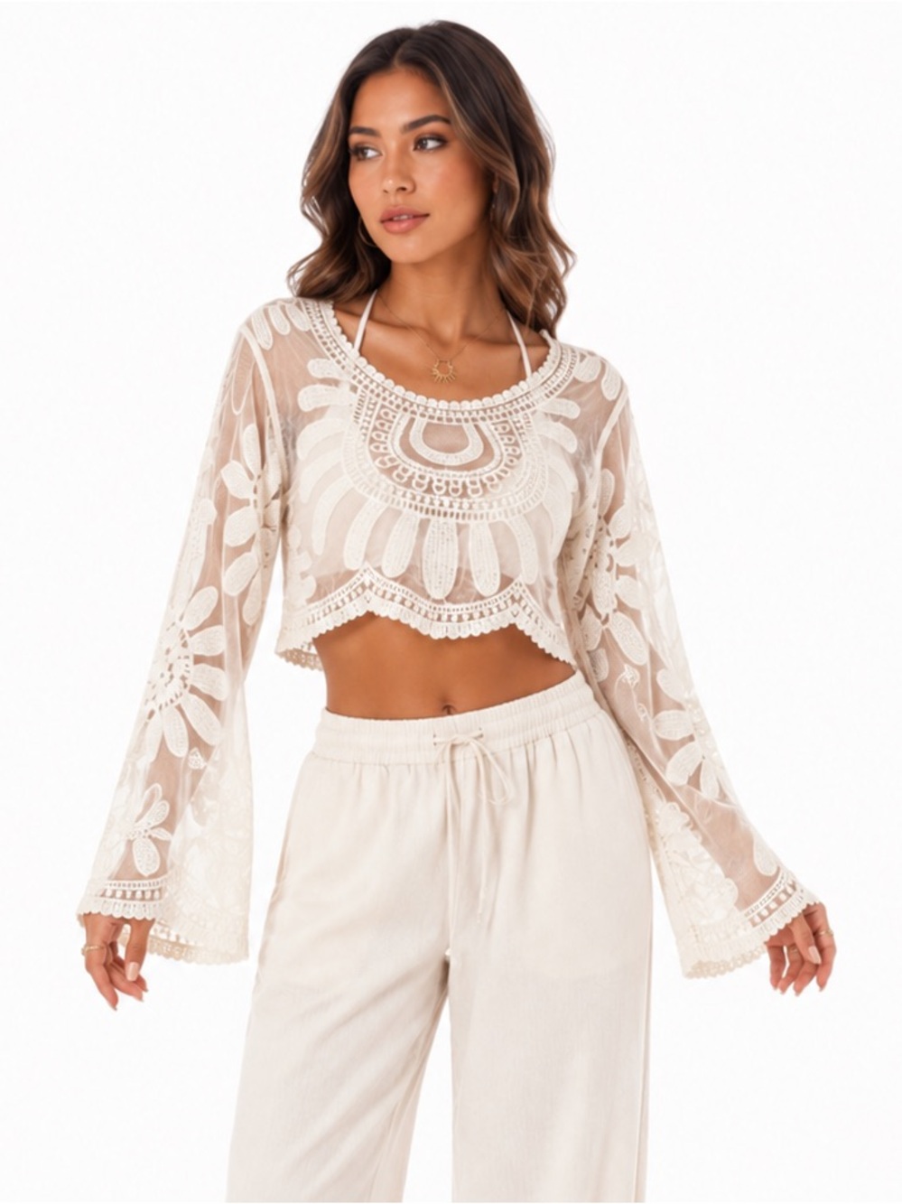 NWOT Boho Sheer Crotchet Funnel Sleeve Top - PTP 24